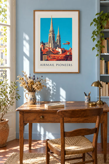 Aéropostale biplane flying over a cathedral poster: framed on the wall