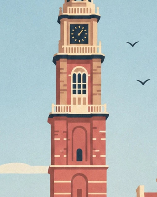 The red brick tower and its clock, with 2 birds in the blue sky