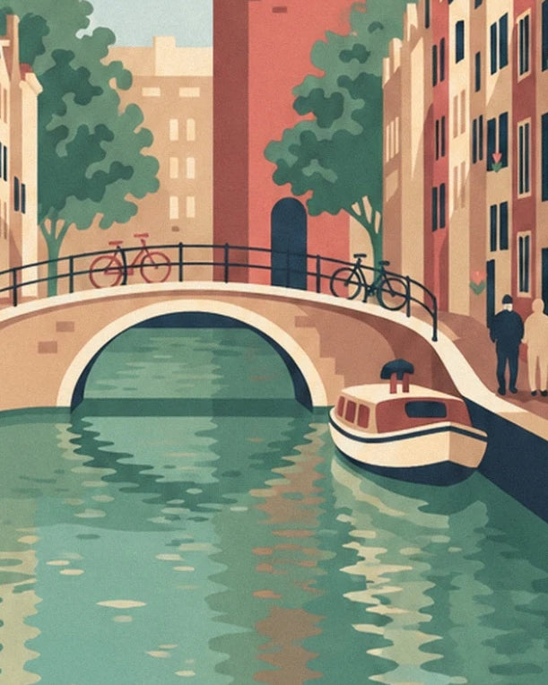 The arched bridge and its 2 bicycles over the canal, near the moored boat
