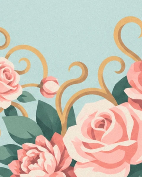 Un bouton rose entre des volutes dorées, au-dessus de fleurs roses et de feuilles vertes