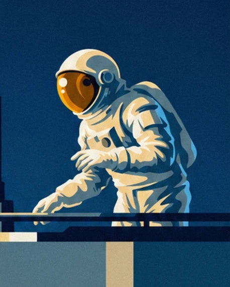 The astronaut in a white suit with a gold visor behind the railing