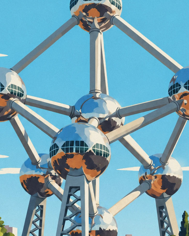 Les sphères d'acier de l'Atomium et leurs tubes, sur fond de ciel bleu