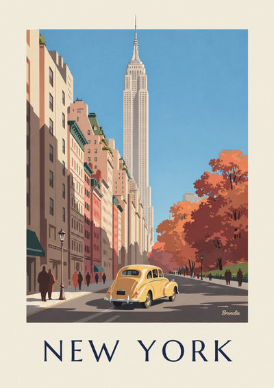 Affiche voiture jaune et Empire State Building en automne : l'affiche entière
