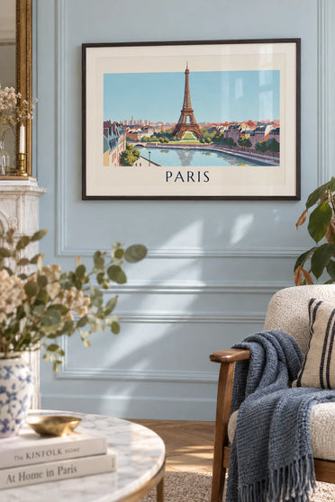 Propeller plane poster flying over the Eiffel Tower in Paris: framed on the wall