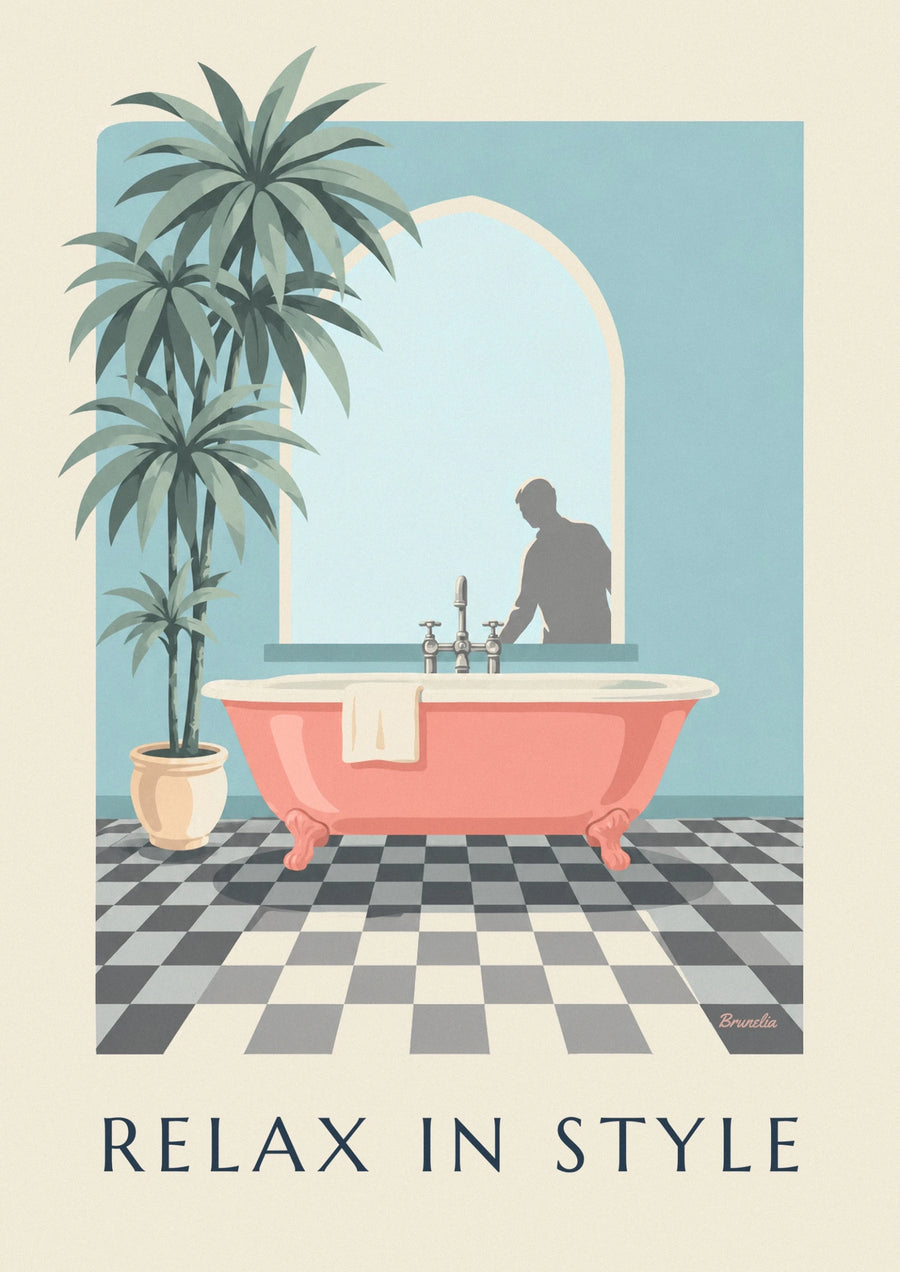 Coral bathtub and checkerboard tiles poster
