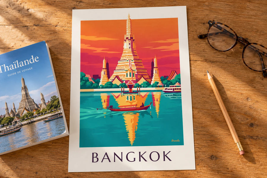 Affiche temple Wat Arun au bord du fleuve à Bangkok : posée sur une table