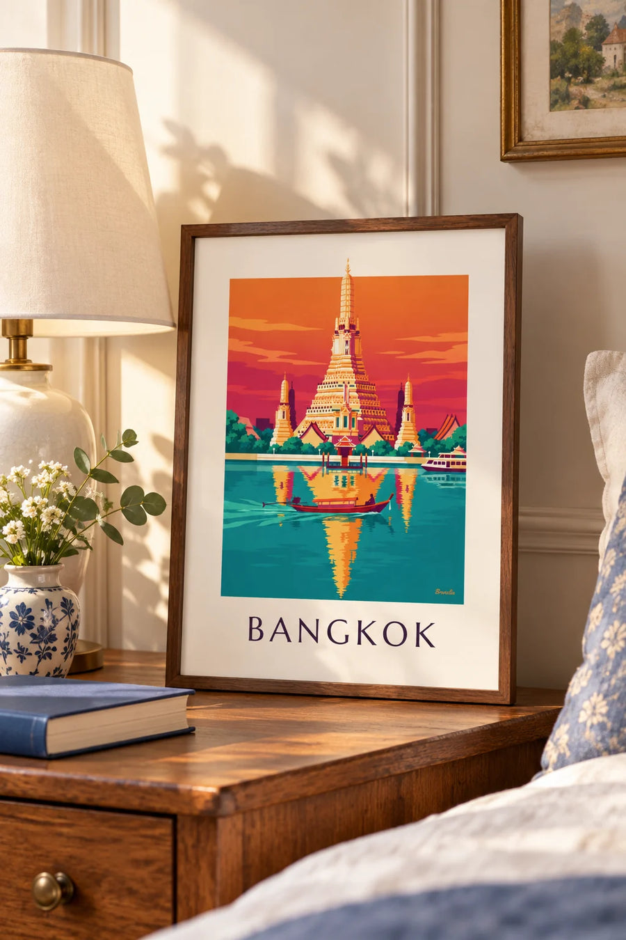 Affiche temple Wat Arun au bord du fleuve à Bangkok : petit format A4 encadré