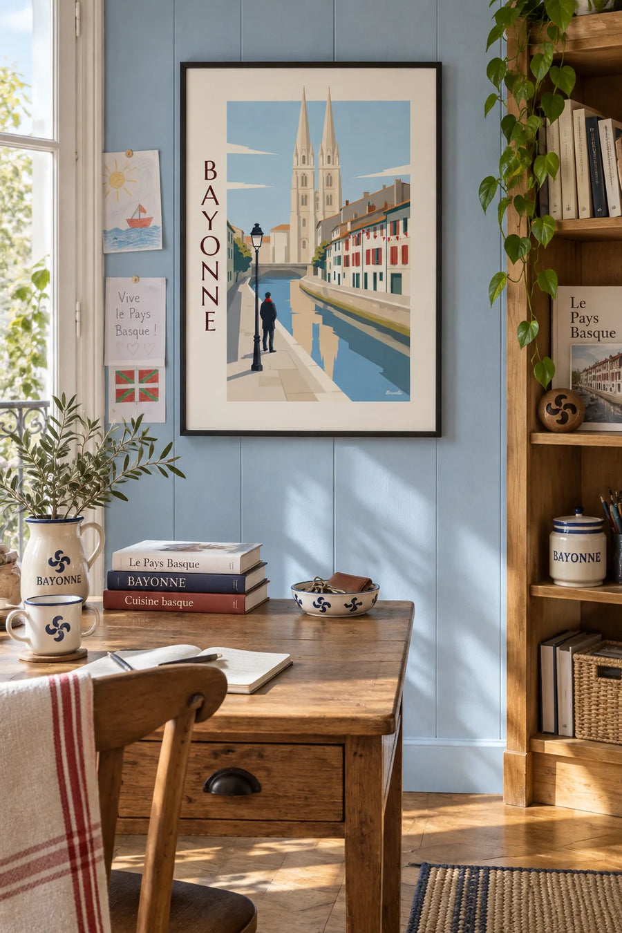 Affiche maisons basques et quais de la Nive à Bayonne : encadrée au mur