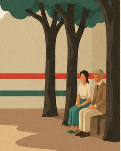 The 2 spectators sitting on a bench in the shade of the trees, beside the pelota wall