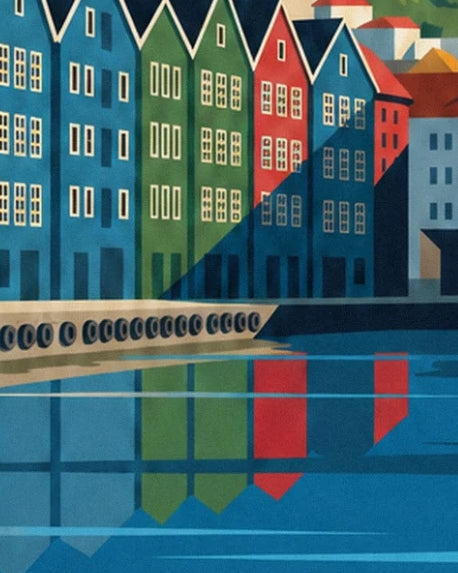 The blue, green and red houses of Bryggen and their reflections beside the quay