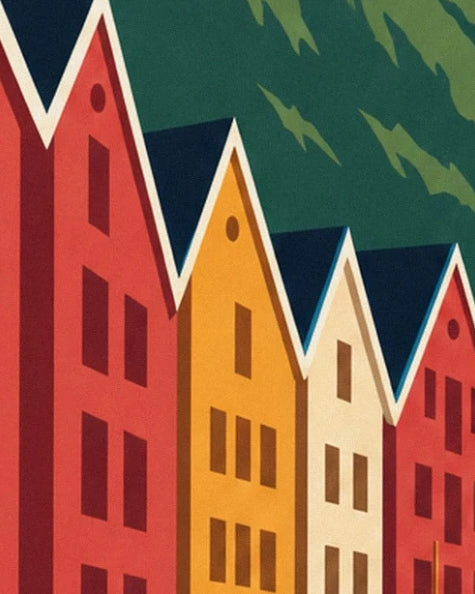 The red, yellow and cream façades of Bryggen with white-edged gables