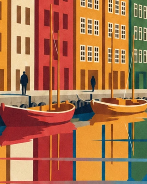 Red and yellow boats in front of colourful façades, with their reflections in the harbour
