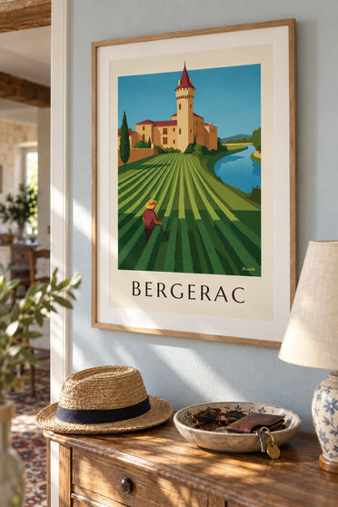 Affiche château à tours rondes et vignobles de Bergerac : encadrée au mur