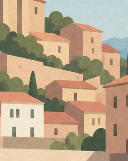 Les maisons de Béziers aux façades ocre et aux toits de tuiles, parmi les arbres