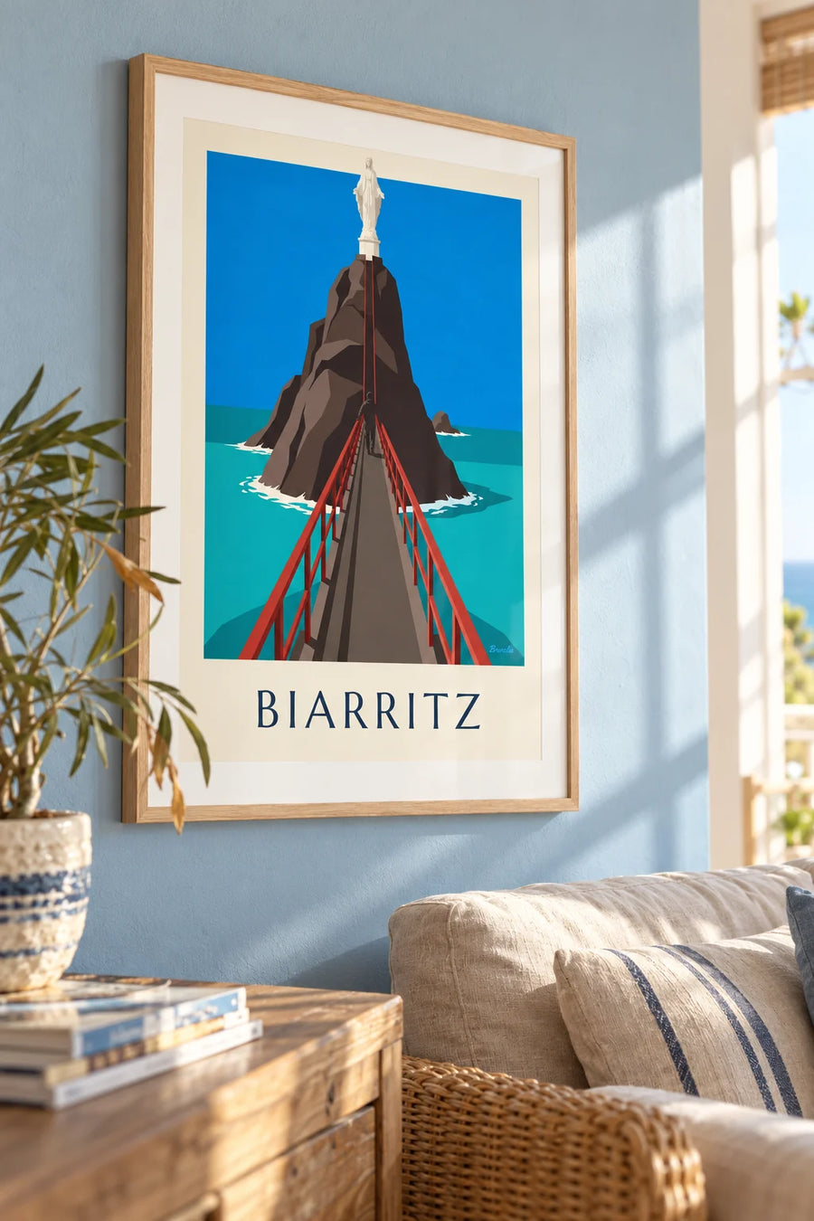 Affiche passerelle du Rocher de la Vierge à Biarritz : encadrée au mur