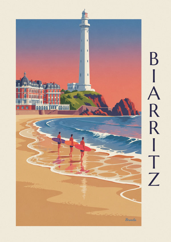 Affiche surfeurs et longboards devant l'Hôtel du Palais à Biarritz