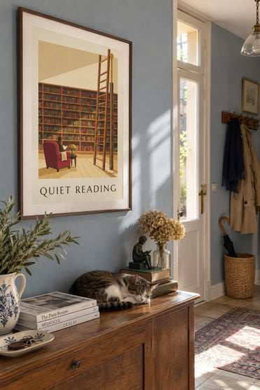 Poster of a wooden bookcase and sliding ladder: framed on the wall