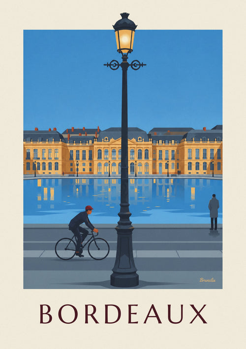 Cyclist in front of Bordeaux’s Miroir d’eau at dusk poster: the full poster