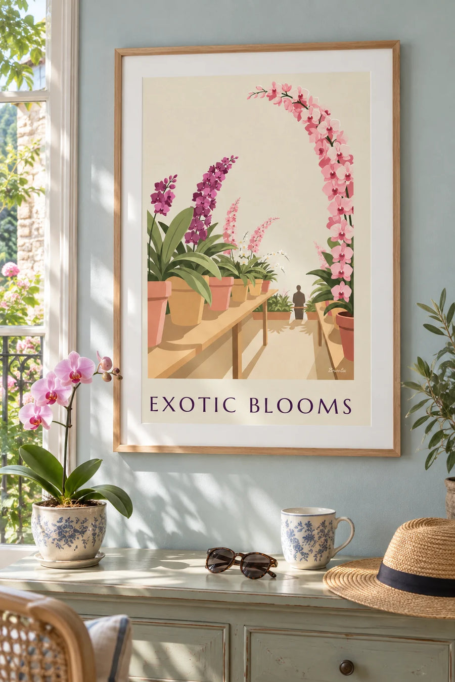 Orchids and exotic flowers in a greenhouse poster: framed on the wall