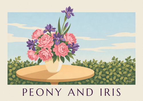Affiche bouquet de pivoines roses et d'iris violets : l'affiche entière