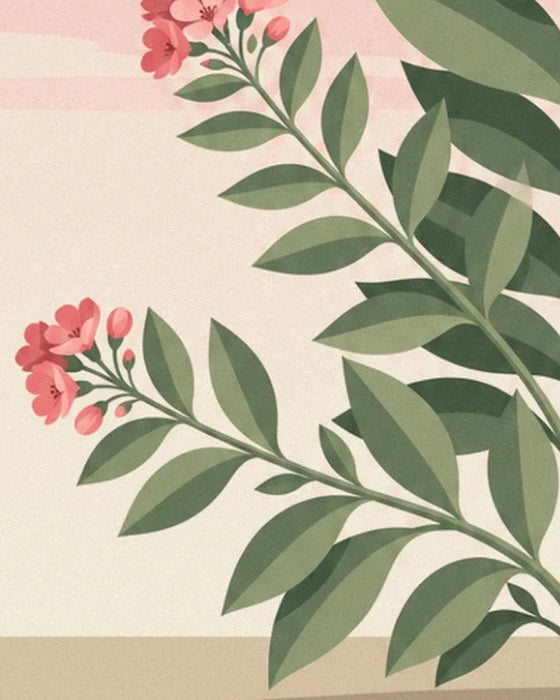 Des branches obliques aux feuilles vertes et aux petites fleurs roses sur fond crème