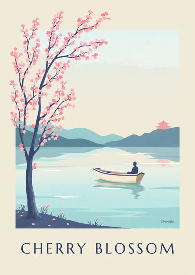 Affiche branche de cerisier en fleurs au-dessus d'un lac japonais : l'affiche entière