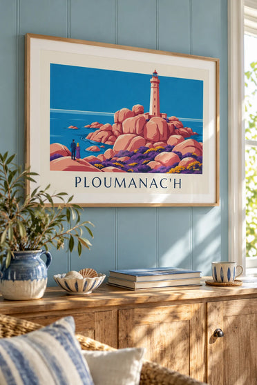 Poster of the Mean Ruz lighthouse on the pink granite of Ploumanac’h: framed on the wall