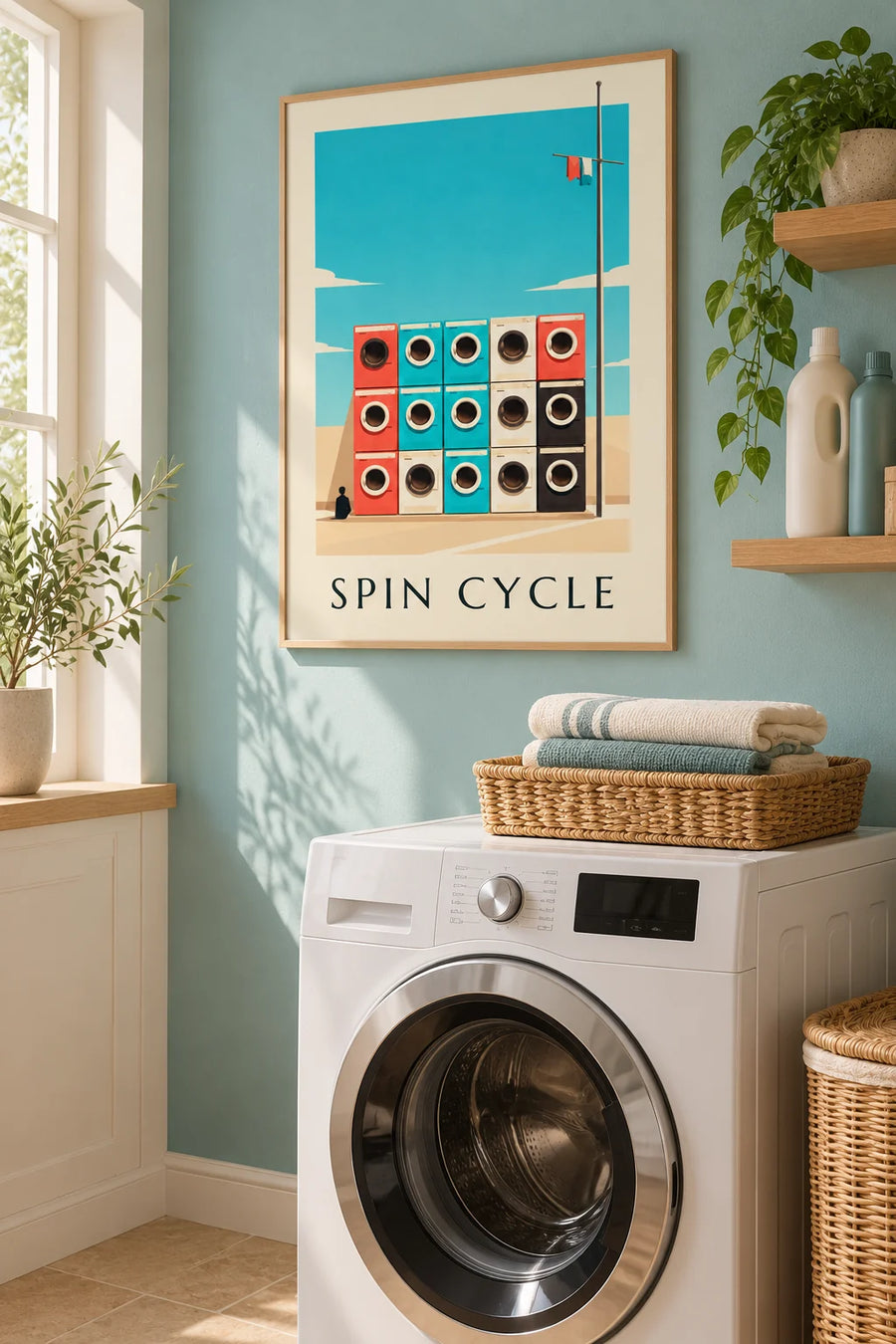 Affiche grille de 9 machines à laver colorées : encadrée au mur