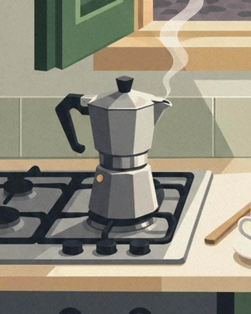 The aluminium moka pot on the gas hob, a wisp of steam and the window with green shutters