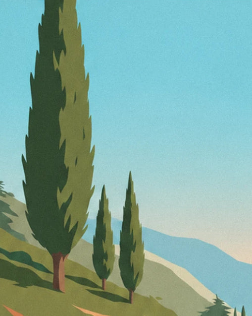 A tall cypress and 2 smaller ones on the green slope, facing the blue hills