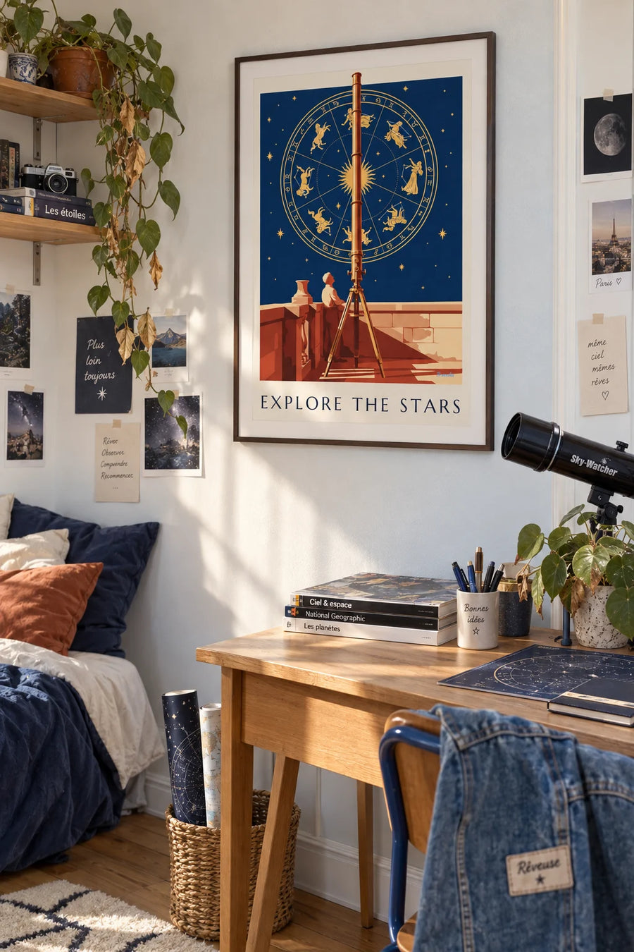 Affiche carte céleste, constellations et télescope en laiton : encadrée au mur