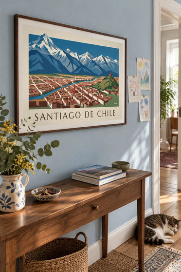 Santiago de Chile and the Andes illustrated map poster : framed on the wall