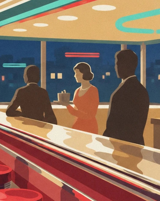 Une serveuse en robe rouge avec un plateau entre 2 hommes au comptoir du diner