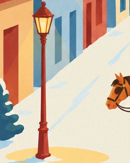 A glowing red lamppost in front of the colourful façades of the snowy village