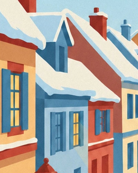 Yellow, blue and red façades with blue shutters beneath snow-covered roofs