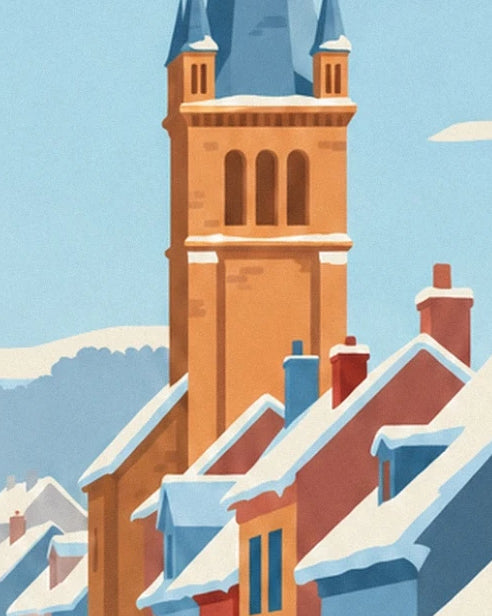 The orange bell tower with a blue roof above the snowy rooftops and chimneys