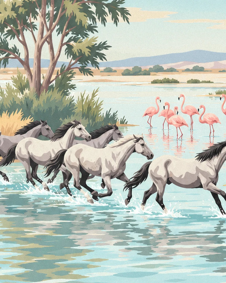 Camargue horses galloping through the marshes poster: close-up detail