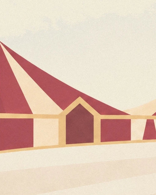 The entrance to the red and cream big top framed in golden yellow