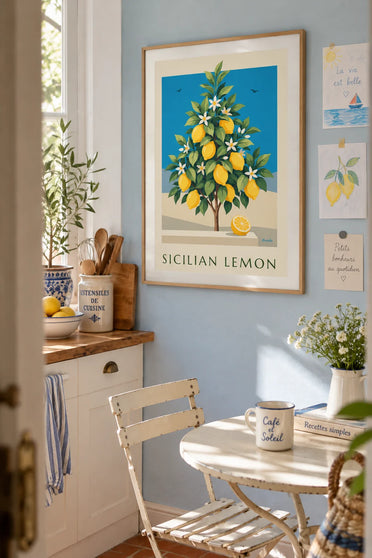 Affiche planche botanique de citrons de Sicile en fleurs : encadrée au mur