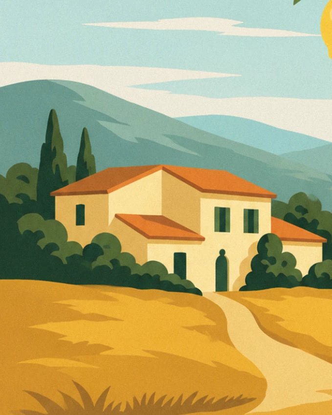 La maison ocre aux volets verts et toit orange, ses cyprès et son chemin de terre dans les collines