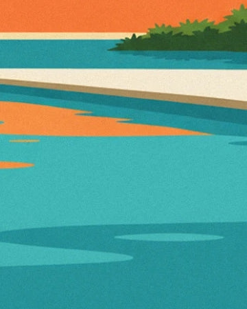 L’eau turquoise de la piscine, ses reflets orangés et sa margelle crème
