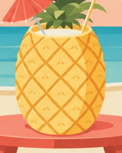 The cocktail served in a golden pineapple on a red table by the beach