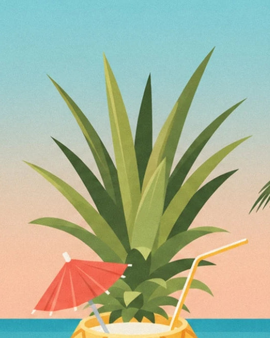 The pointed pineapple leaves, red parasol and yellow bent straw