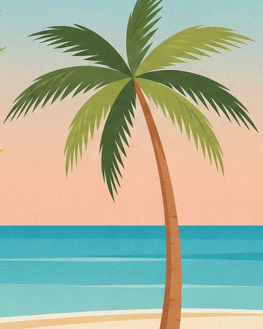 A palm tree with a curved trunk and long green fronds in front of the turquoise sea