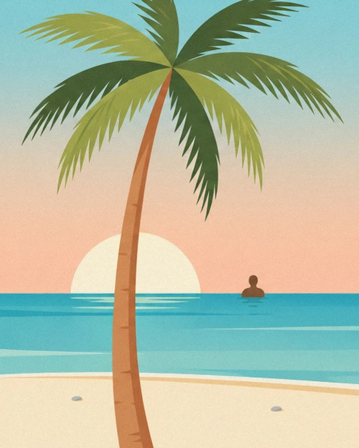 A palm tree on the sand, facing the setting sun and a swimmer in the turquoise sea