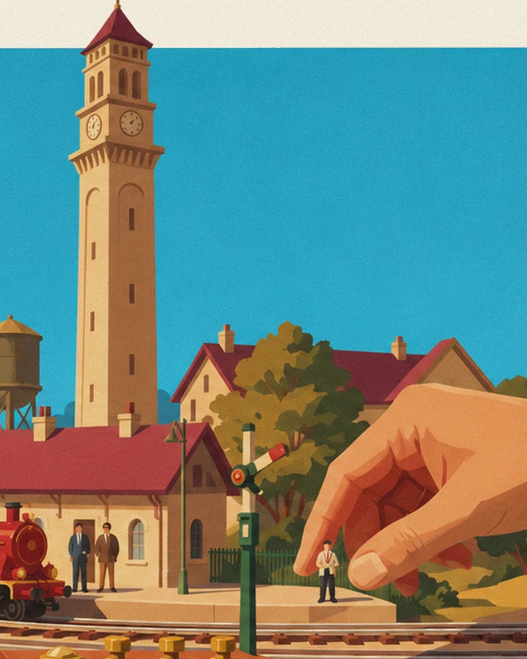 Affiche train électrique miniature et sa gare de modélisme : détail en gros plan