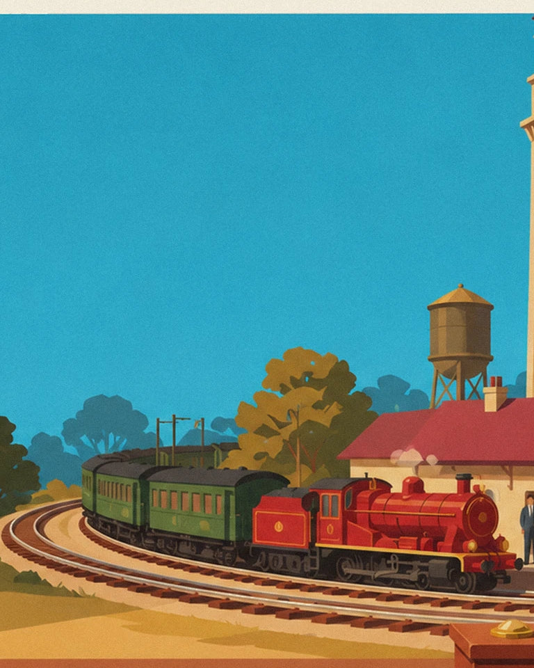 Affiche train électrique miniature et sa gare de modélisme : détail en gros plan