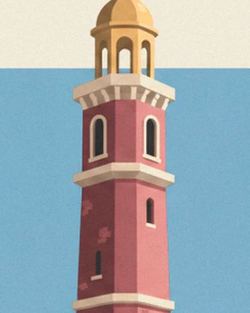 The pink tower of the miniature station, topped with an ochre lantern tower with arched openings
