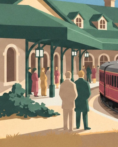 The passengers beneath the green canopy of the miniature station, beside the red train