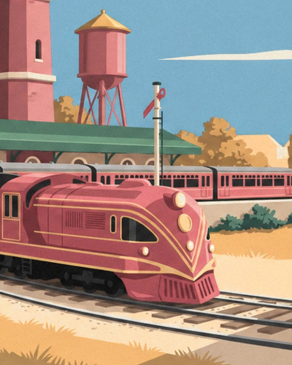 The red miniature locomotive with gold pinstripes, in front of the platform and its water tower